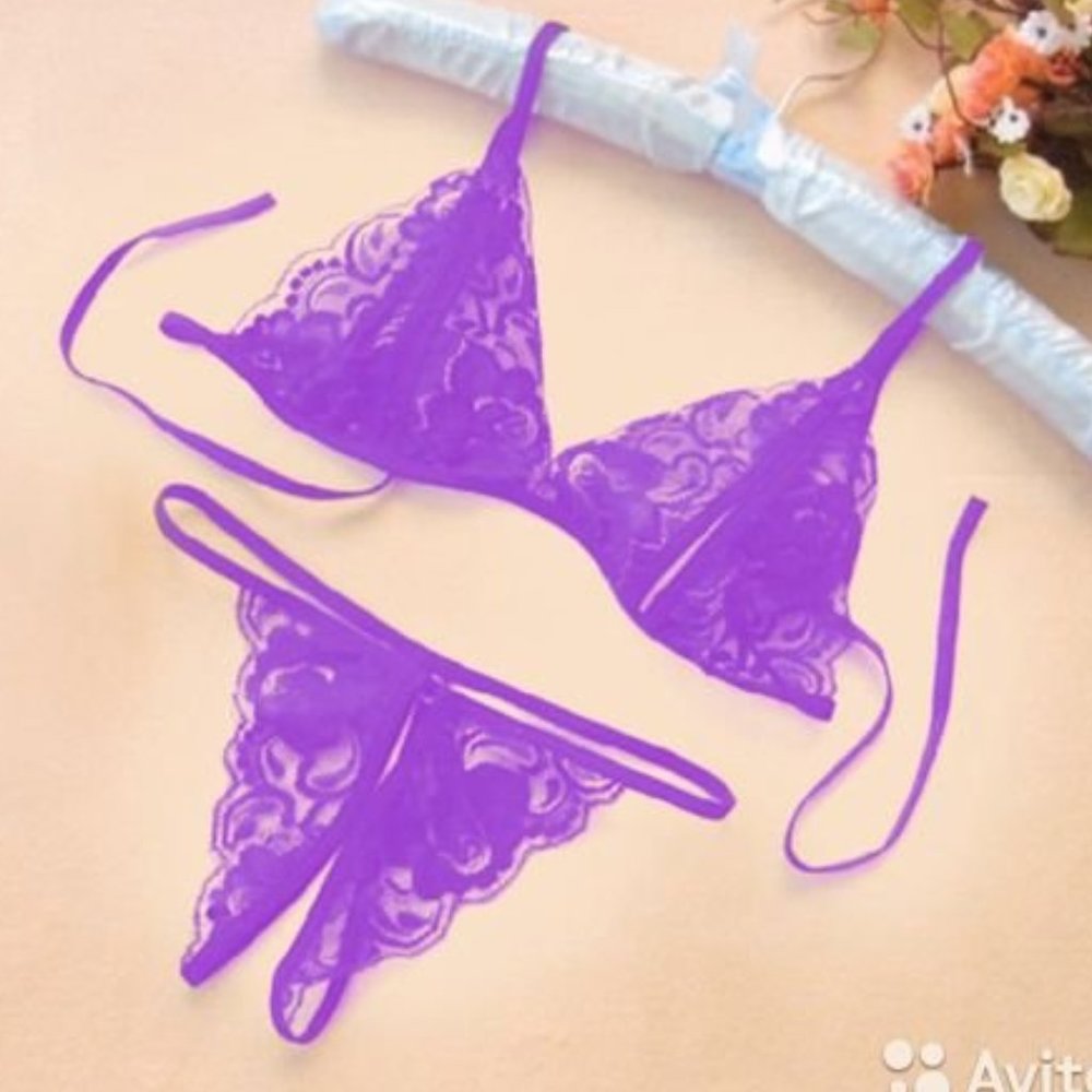 NEW WOMEN'S LACE TWO PIECE CROTCHLESS THONG LINGERIE SET OPEN BRA PANTIES PURPLE